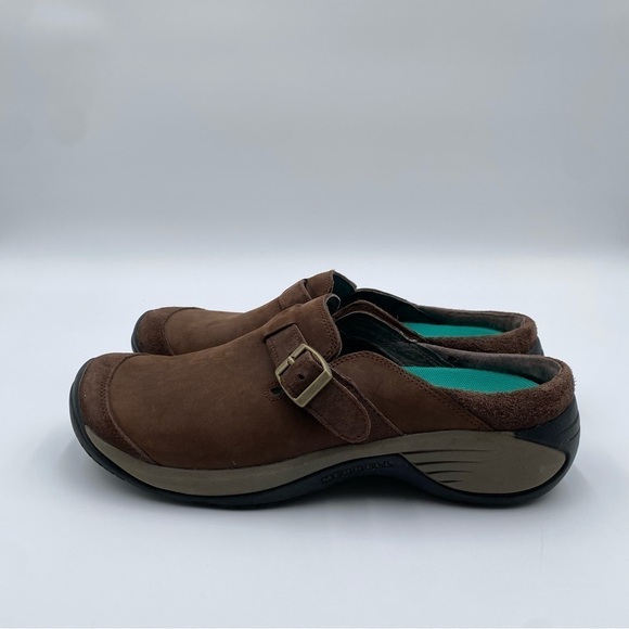 Merrell Women’s 9.5 Brown Leather Encore Buckle Bracken Outdoor Slip On Mules - Picture 2 of 7